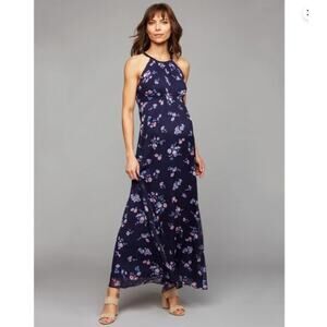 A PEA IN THE POD | Navy Blue Floral Chiffon Halter Maxi Dress | Size Small